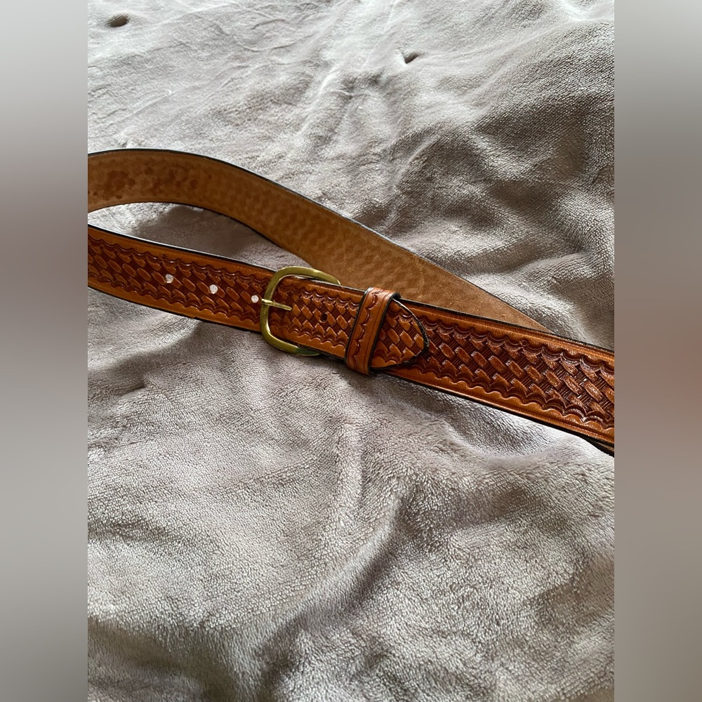 Tooled Leather Tan Belt with Brass Buckle 38